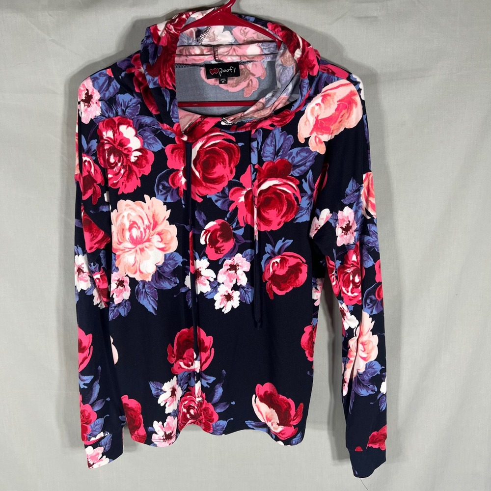 Poof! Floral Rose Print Hooded Top Navy Pink Womens Size Medium